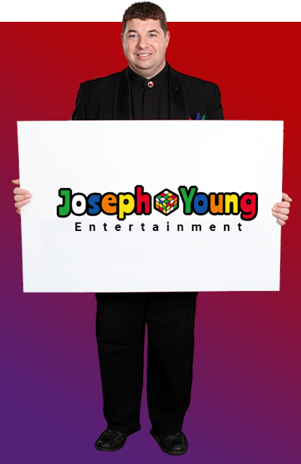 A man holding the business logo of the Joseph Young Entertainment