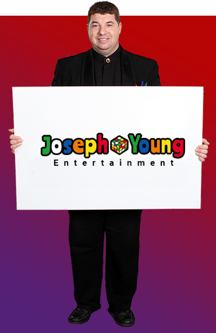 A man holding the business logo of the Joseph Young Entertainment